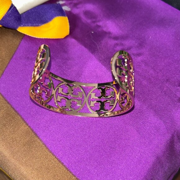Tory Burch Rose Gold T Logo Wide Open Cuff Bracelet - Picture 6 of 8